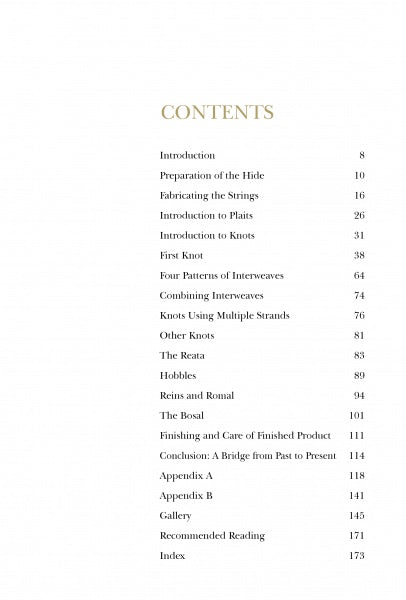 Braiding Rawhide Horse Tack by Schiffer Publishing, Ltd. features a table of contents with chapter titles and page numbers covering Introduction, beginner rawhide manual, knot techniques, braided reatas, patterns, finishing, appendices, gallery, and more, starting page 8.