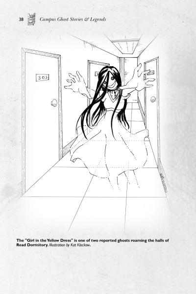 Black-and-white illustration of a ghostly girl with long hair and a flowing dress, arms outstretched, floating in a dorm hallway with door 303, evoking the legends from "Haunted Hoosier Halls: Indiana University" by Schiffer Publishing, Ltd.