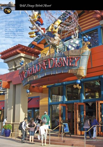 The entrance of the Florida Theme Parks store, by Schiffer Publishing, Ltd., is adorned with large, colorful Disney character statues above the sign, as visitors enter and walk in front.