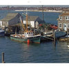 A tranquil harbor scene from Martha's Vineyard, featuring fishing boats and rustic wooden buildings by the calm bay under a clear sky, as captured in classic photography from Schiffer Publishing, Ltd.