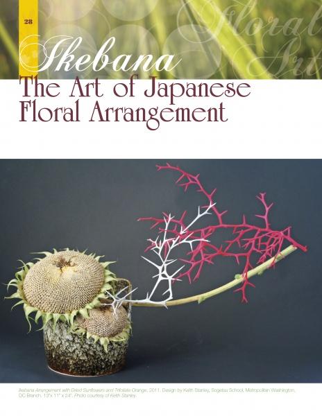 Magazine cover for Flowers in Art by Schiffer Publishing, Ltd., featuring a floral-themed artwork with dried sunflowers, orange tetsudo branches, and white and red-painted twigs.