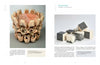 A two-page catalog spread: The left page features Dimensional Cloth, a soft, rounded textile sculpture in peach and beige by Schiffer Publishing, Ltd.; the right shows geometric white blocks with black patterns. Captions appear below each image.