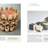 A two-page catalog spread: The left page features Dimensional Cloth, a soft, rounded textile sculpture in peach and beige by Schiffer Publishing, Ltd.; the right shows geometric white blocks with black patterns. Captions appear below each image.