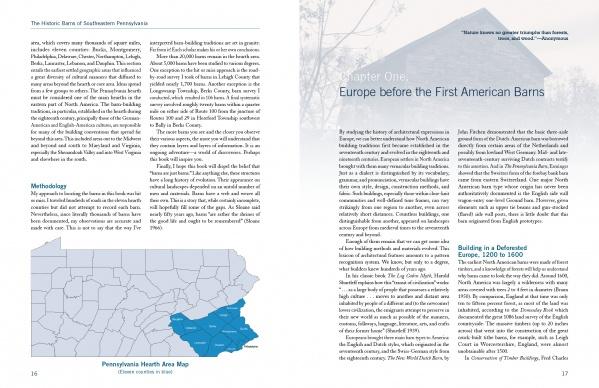 In "The Historic Barns of Southeastern Pennsylvania" by Schiffer Publishing, Ltd., a chapter titled “Europe before the First American Barns” appears with text, a blue county map, and a faded barn image, exploring historic barn architecture.