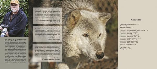 A book spread from "Wolf Sanctuary" by Schiffer Publishing, Ltd. shows a man with a camera, quote text boxes, and a close-up wolf photo on the left, with the table of contents listing chapters and pages on the right.