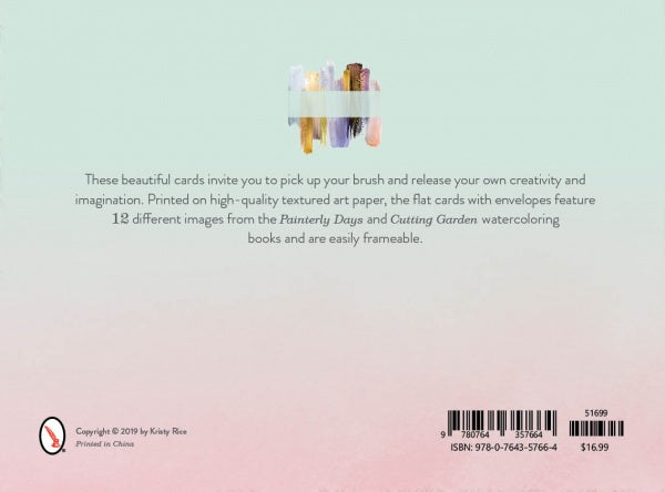 The back cover of Schiffer Publishing, Ltd.'s Watercolor Cards displays pastel brush strokes above descriptive text. The background fades from light mint green to pink, with barcode, price, and copyright at the bottom.
