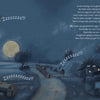 A grumpy badger sits under a tree at night with crossed arms, unable to sleep. The moon glows while Zzzzzzz!!! drifts from a house nearby. Inspired by The Grumbletroll from Schiffer Publishing, Ltd., text appears on the right in this blue-toned scene.