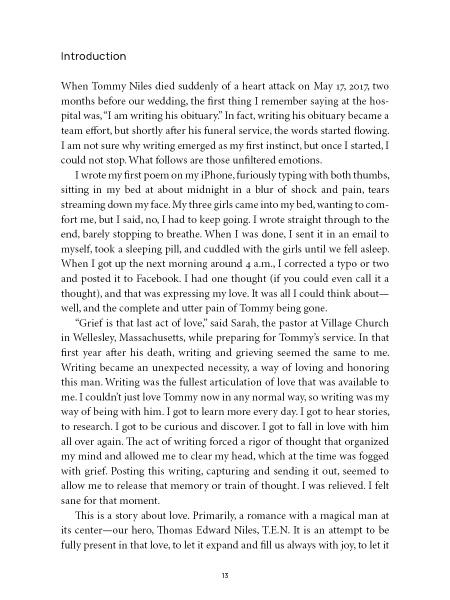 A page from "In Bohemia" by Schiffer Publishing, Ltd. recounts the sudden 2017 death of Tommy Niles, describing the author's turmoil, writing his obituary, and reflections on love, loss, and grief in Wellesley, Massachusetts.