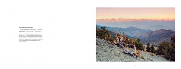 A scenic photo of a mountain slope in the Sierra Nevada under a pastel sunset features a fallen tree and distant peaks. "High Sierra" by Schiffer Publishing, Ltd. is displayed on the left against a white background.