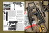 Two pages from "American Submachine Guns, 1919–1950" by Schiffer Publishing, Ltd. show WWII submachine guns with photos and details of a Thompson, its parts, magazine, bayonet, helmet, and two guns on a magazine with a military patch.