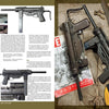 Two pages from "American Submachine Guns, 1919–1950" by Schiffer Publishing, Ltd. show WWII submachine guns with photos and details of a Thompson, its parts, magazine, bayonet, helmet, and two guns on a magazine with a military patch.