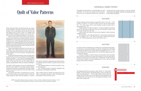 A two-page spread from "Quilts of Valor" by Schiffer Publishing, Ltd. features a touching story and painting of a young soldier on the left, with military quilt instructions, including backing, batting, and binding diagrams, on the right.