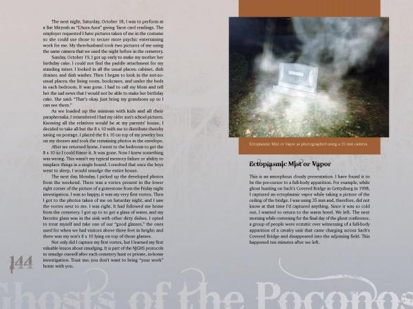 A gravestone bathed in mist under a camera flash appears in a magazine article featuring "Ghosts of the Poconos" by Schiffer Publishing, Ltd., where a paranormal investigator discusses mysterious graveyard mists and Poconos hauntings.