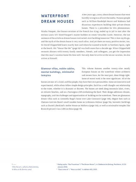 A magazine page titled "Dream Houses on the Water" from Schiffer Publishing, Ltd. features luxurious architect-designed waterfront homes, with a clean layout and blue and black text on white, plus a brief on glamour villas and European houses.