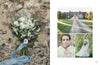 “The Painter's Wedding” by Schiffer Publishing, Ltd. features rustic bridal inspiration: a bouquet of white and purple flowers with a blue ribbon on gravel, plus dreamy portraits of a bride in white near trees and a manor.