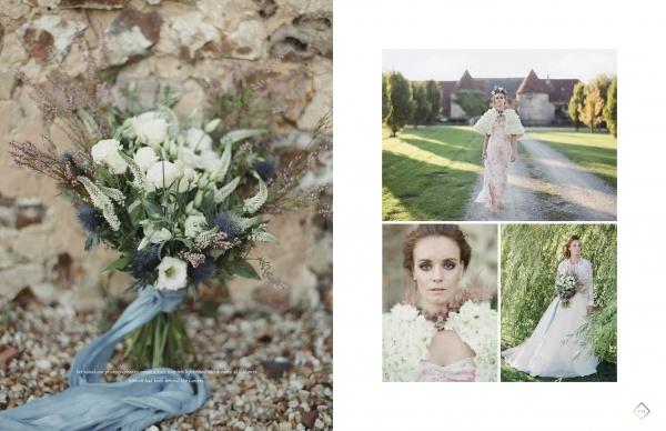“The Painter's Wedding” by Schiffer Publishing, Ltd. features rustic bridal inspiration: a bouquet of white and purple flowers with a blue ribbon on gravel, plus dreamy portraits of a bride in white near trees and a manor.