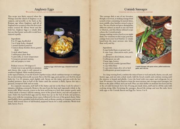 Two pages from "Medieval Cooking in Today's Kitchen" by Schiffer Publishing, Ltd. showcase historical recipes for Anglesey Eggs and Cornish Sausages, each pictured plated with garnishes and classic tableware.