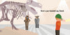 Illustration of a dinosaur skeleton in a museum. Two adults and a child in a green baseball cap stand nearby. Text reads, The Vanishing Baseball Cap by Schiffer Publishing, Ltd.—a toddler board book problem-solving adventure.