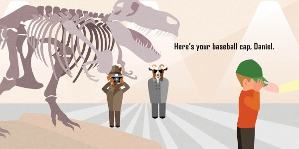 Illustration of a dinosaur skeleton in a museum. Two adults and a child in a green baseball cap stand nearby. Text reads, The Vanishing Baseball Cap by Schiffer Publishing, Ltd.—a toddler board book problem-solving adventure.