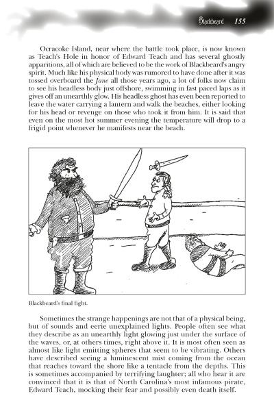 An illustration labeled Blackbeard’s final fight, from North Carolina Haunts by Schiffer Publishing, Ltd., shows a bearded pirate with a sword facing a smaller pirate amid tales of ghost stories and haunted sites linked to Blackbeard.