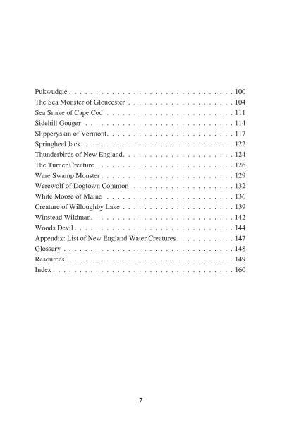 The table of contents in *Curious Creatures of New England* by Schiffer Publishing, Ltd. lists topics like Pukwudgie, Sea Monster of Gloucester, Cape Cod’s Sea Snake, other New England cryptids, mythical beings, and appendices with page numbers.