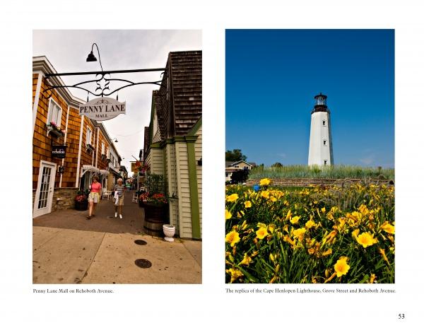 Left: People walk past shops at Penny Lane Mall under a hanging sign. Right: The Cape Hatteras Lighthouse rises behind yellow blooms, reminiscent of the Delaware coast in Rehoboth Reflections by Schiffer Publishing, Ltd.