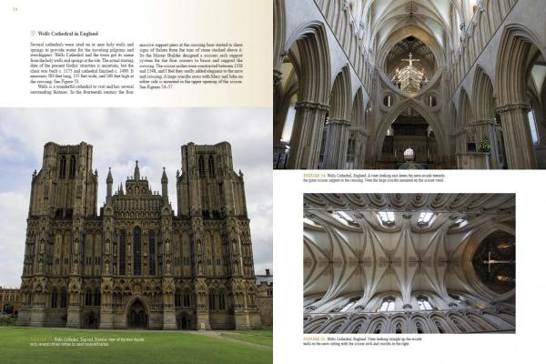The left page of *Cathedrals Built by the Masons* (Schiffer Publishing, Ltd.) shows a grand Gothic cathedral exterior; the right page displays interiors with vaulted ceilings and arches. Each image includes descriptive text about classic European cathedral features.