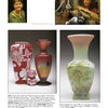 A collage features a smiling woman in an office, a woman crafting glass, and photos of three ornate Fenton Art Glass vases. Captions spotlight the artists, glass details, and collectibles from Schiffer Publishing, Ltd.