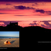 A vibrant sunset silhouettes a beach shack as purple and pink clouds fill the sky. Inset: a conch shell on sandy beach. Perfect for Cape Cod photography fans—featured in “Cape Cod & the Islands Reflections” by Schiffer Publishing, Ltd.
