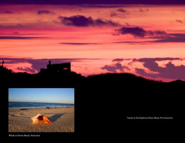 A vibrant sunset silhouettes a beach shack as purple and pink clouds fill the sky. Inset: a conch shell on sandy beach. Perfect for Cape Cod photography fans—featured in “Cape Cod & the Islands Reflections” by Schiffer Publishing, Ltd.