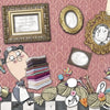 Illustration from "They Turned Me Down!" by Schiffer Publishing, Ltd.: three maids clean a checkered floor surrounded by yarn, laundry, and a basket, under pink wallpaper with a gold-framed mirror and portrait—ideal for a fairy tale-themed children's book.