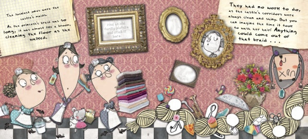 Illustration from "They Turned Me Down!" by Schiffer Publishing, Ltd.: three maids clean a checkered floor surrounded by yarn, laundry, and a basket, under pink wallpaper with a gold-framed mirror and portrait—ideal for a fairy tale-themed children's book.