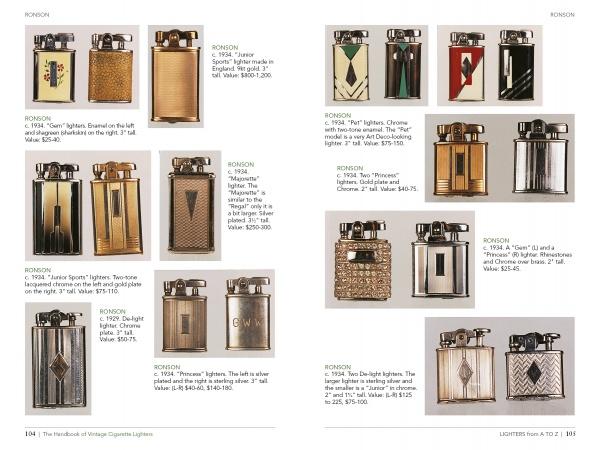A catalog page from "The Handbook of Vintage Cigarette Lighters" by Schiffer Publishing, Ltd. showcases vintage lighters with images, model names, descriptions, and prices—perfect for any lighter collector's reference.