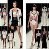 The SFP LookBook: Mercedes-Benz Fashion Week Spring 2014 Collections by Schiffer Publishing, Ltd. showcases runway trends with bold, geometric outfits in white, black, pink, and aqua, including swimsuits, skirts, jackets, and sheer dresses.