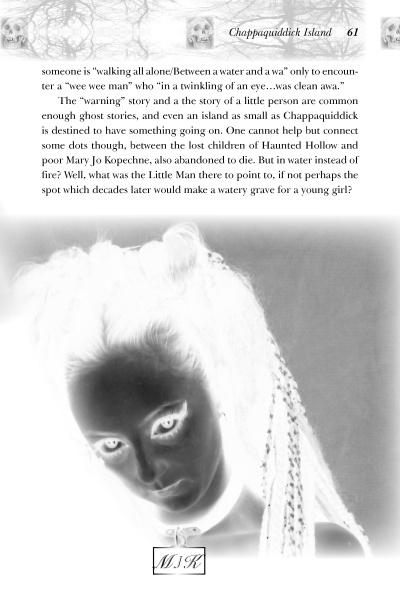 A high-contrast, inverted black-and-white image of a veiled woman appears ghostly on a page from "Spooky Creepy Boston" by Schiffer Publishing, Ltd., alongside text about ghost stories, Chappaquiddick Island mysteries, and haunted Boston.