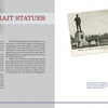 A spread from Greetings from Gettysburg by Schiffer Publishing, Ltd. features left-page text with a cannon illustration, and right-page vintage Gettysburg postcards of equestrian and standing statues, each captioned below.