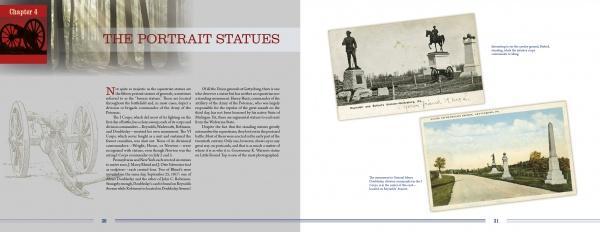 A spread from Greetings from Gettysburg by Schiffer Publishing, Ltd. features left-page text with a cannon illustration, and right-page vintage Gettysburg postcards of equestrian and standing statues, each captioned below.