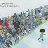 A child rushes toward a row of colorful robots, while others stand lined up. Text above reads, Once I get to outer space, the first thing I need to do is get a robot...—the perfect picture book for outer space from Schiffer Publishing: I'm Going to Outer Space!.