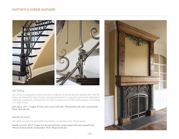 Two photos from *Ironwork Today 4* by Schiffer Publishing, Ltd.: Left shows a metal staircase railing with swirling designs; right displays a fireplace featuring ornate iron art over a wooden mantel—both highlight intricate metalwork.