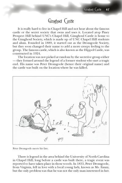 A page from North Carolina Haunts by Schiffer Publishing, Ltd. features text on Gimghoul Castle’s history and an illustration of a knight meeting a ghost, captioned: Peter Dromgoole meets his fate at this haunted North Carolina site.