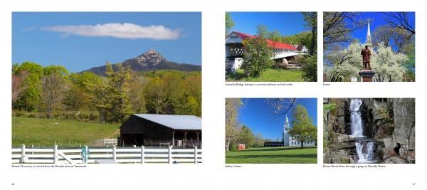 Welcome to New Hampshire by Schiffer Publishing, Ltd. features a photo collage showcasing a rustic barn, mountain views, a riverside white mill, church steeple, park statue, and waterfall—capturing the scenic charm of New Hampshire travel.
