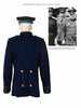 Displayed from the back is a dark blue Soviet parade uniform, alongside an inset photo showing two World War II Soviet soldiers in different hats. From "World War II Parade Uniforms of the Soviet Union • Vol.2" by Schiffer Publishing, Ltd.