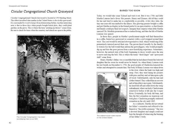 Two pages from "Ghosts and Legends of Charleston, South Carolina" by Schiffer Publishing, Ltd. show a photo of an old stone church and a weathered gravestone, each with text capturing Charleston’s haunted history and ghost stories.