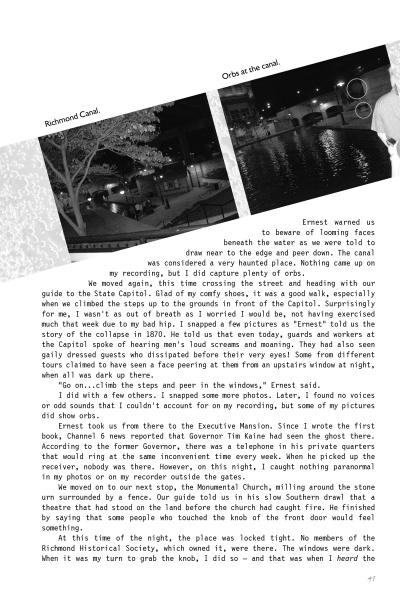 Two black-and-white photos show a canal at night with lights reflecting on the water. Text describes a suspenseful walk along the canal to the Executive Mansion, evoking haunted Richmond in Schiffer Publishing, Ltd.'s Haunted Richmond II.