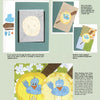 The Creating Children's Artwork Quilts guide by Schiffer Publishing, Ltd. features step-by-step instructions and images for assembling a blue bird applique with fabric, using paper patterns and layout ideas on yellow floral backgrounds.