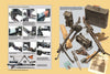 A two-page spread in Schiffer Publishing’s "The German MG 34 and MG 42 Machine Guns" shows firearm maintenance images on the left and disassembled MG 34 parts, belts, tools, and cases on the right.