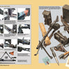 A two-page spread in Schiffer Publishing’s "The German MG 34 and MG 42 Machine Guns" shows firearm maintenance images on the left and disassembled MG 34 parts, belts, tools, and cases on the right.