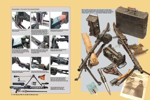 A two-page spread in Schiffer Publishing’s "The German MG 34 and MG 42 Machine Guns" shows firearm maintenance images on the left and disassembled MG 34 parts, belts, tools, and cases on the right.