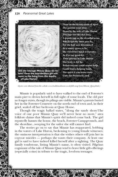 A page from "Paranormal Great Lakes" by Schiffer Publishing, Ltd. features a black-and-white photo of swirling water and a caption about Minnie Quay, exploring Lake Huron mysteries and tales of her ghost haunting its shoreline.