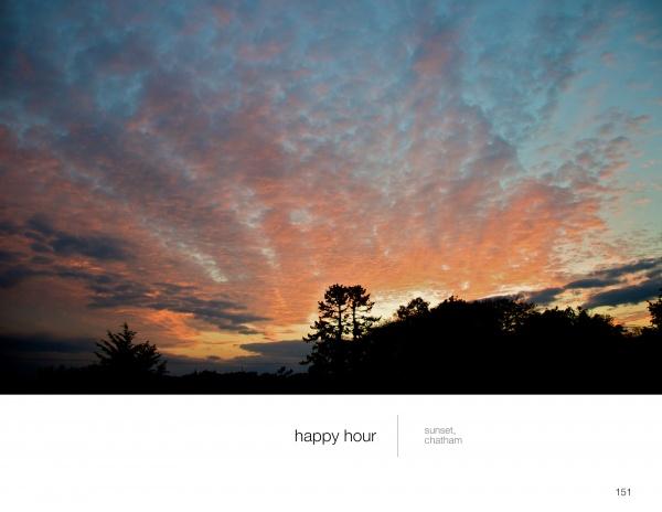 A vivid Cape Cod nature photo from Schiffer Publishing, Ltd.'s Wild Cape Cod: tree silhouettes, an orange-blue sunset sky, and “happy hour and sunset, chatham” in white text along the bottom.